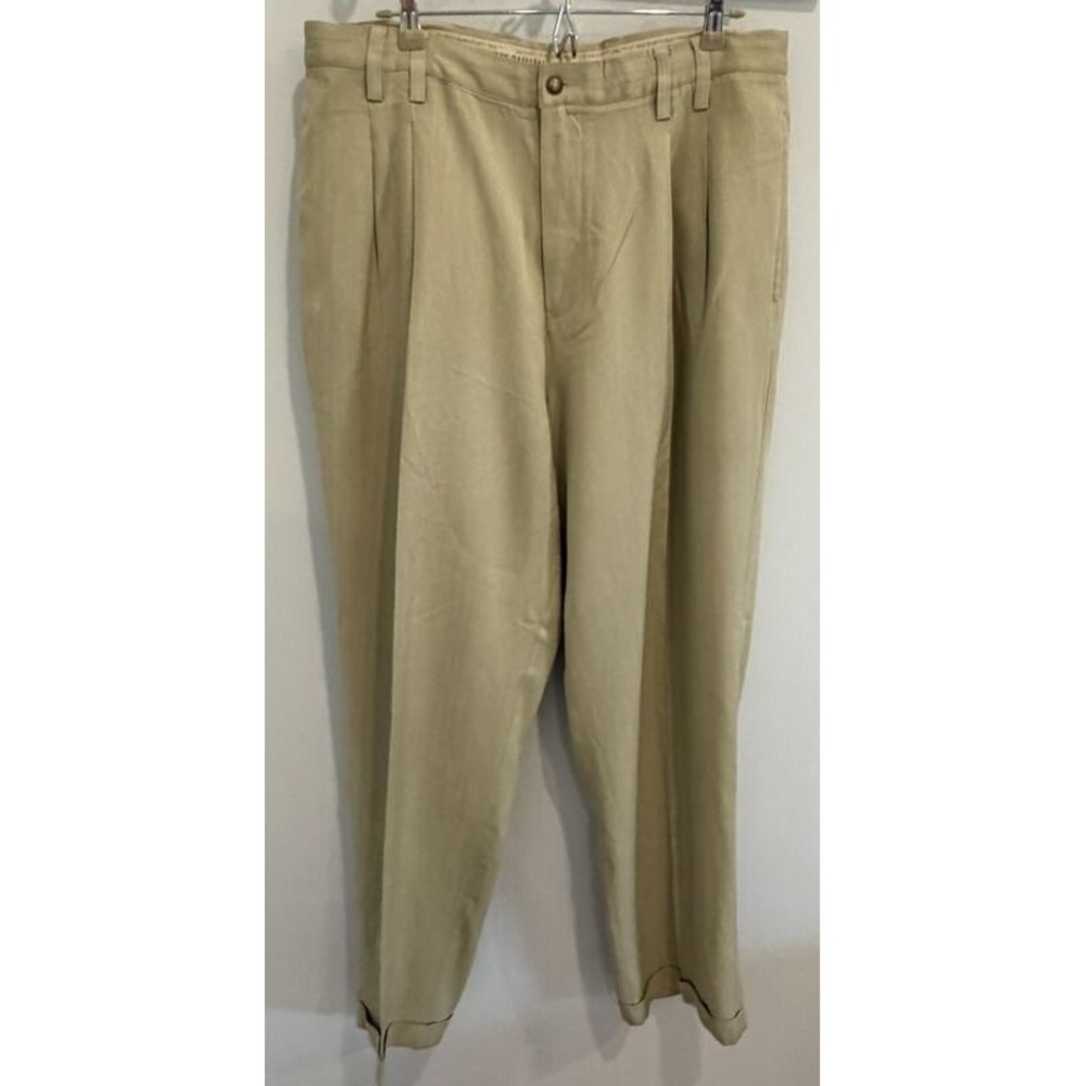 Tommy Bahama Relax 100% Silk Tan Pants Pleated Cuff Size 38 x 32
